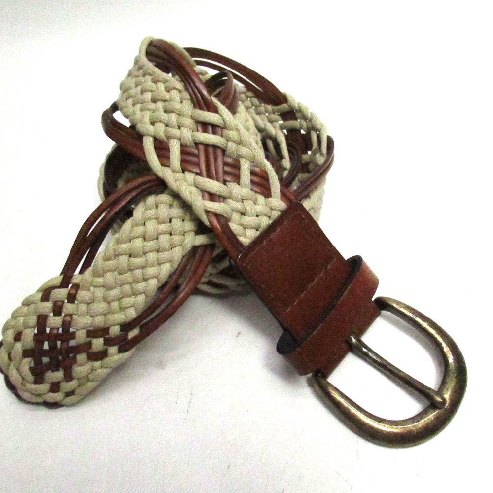 Vtg Leather Cotton Braided Belt Women M L Tan Brown Keep Brass Tone Buckle